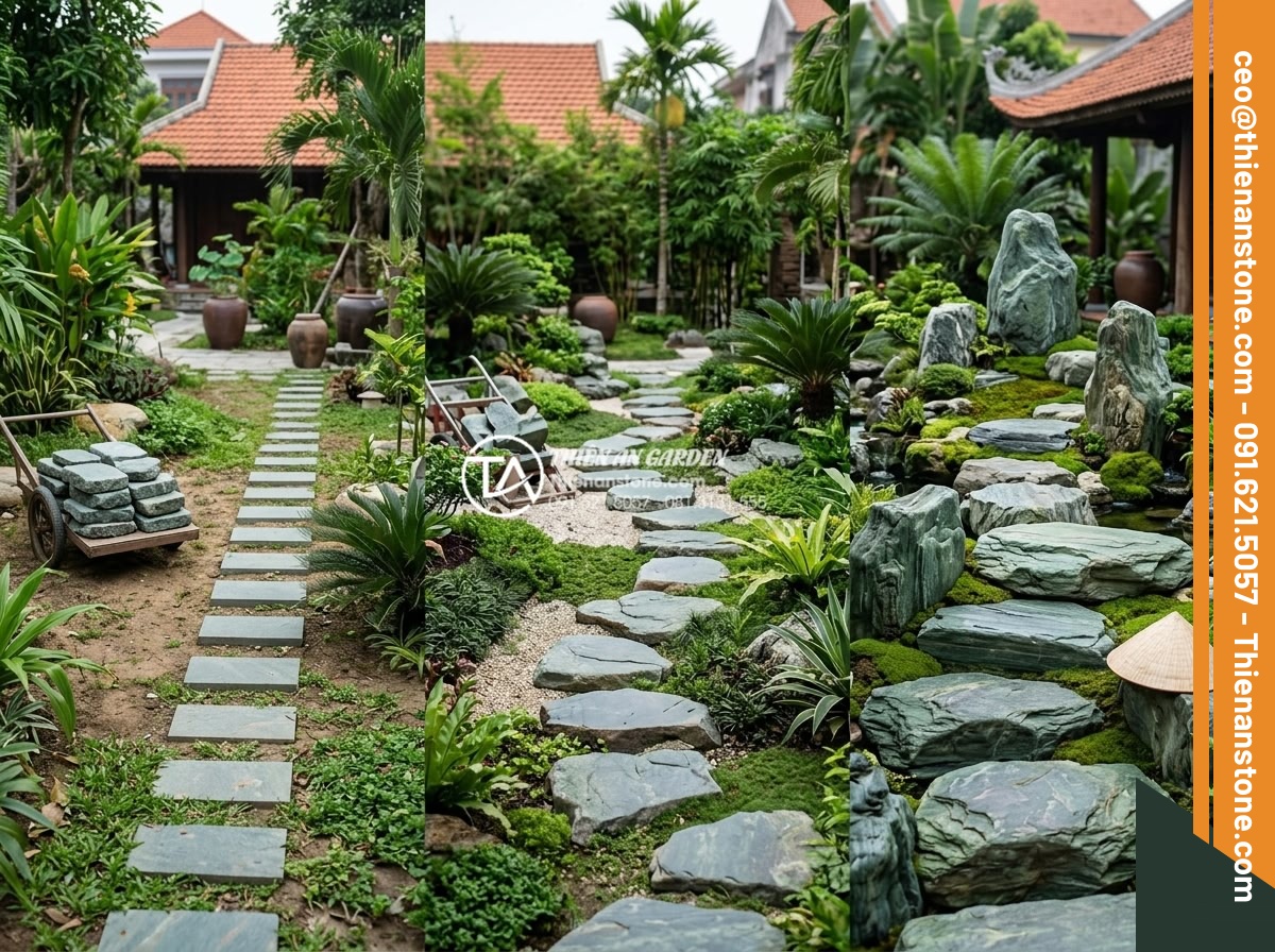 Dự toán chi phí vật tư đá dặm bước sân vườn cho diện tích 100m2 - Hình 5 Dự toán chi phí vật tư đá dặm bước sân vườn cho diện tích 100m2 - Factors affecting stone stepping costs diagram showing material size transport a