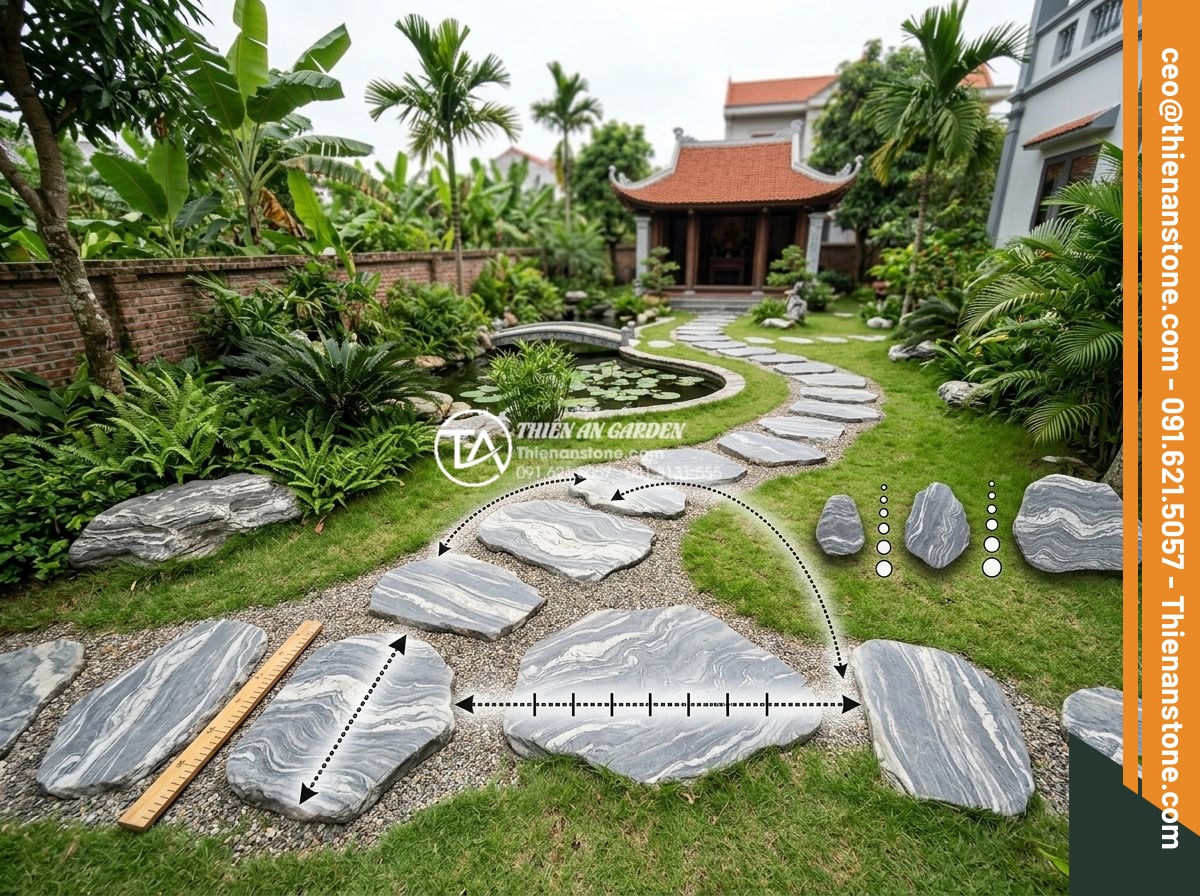 Dự toán chi phí vật tư đá dặm bước sân vườn cho diện tích 100m2 - Hình 8 Dự toán chi phí vật tư đá dặm bước sân vườn cho diện tích 100m2 - Detailed layout plan for stone stepping path in 100m2 garden with measurements a