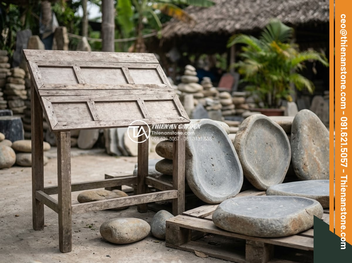 Dự toán chi phí vật tư đá dặm bước sân vườn cho diện tích 100m2 - Hình 9 Dự toán chi phí vật tư đá dặm bước sân vườn cho diện tích 100m2 - Price table display of various natural stone stepping stones with current market