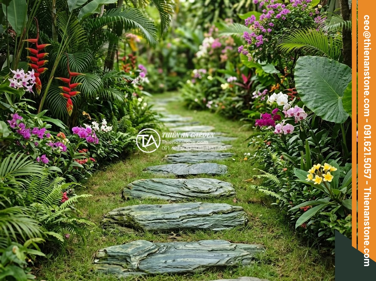 FAQ: Những câu hỏi thường gặp nhất khi chọn mua đá dặm bước - Beautiful natural stepping stone path winding through a lush tropical garden wit