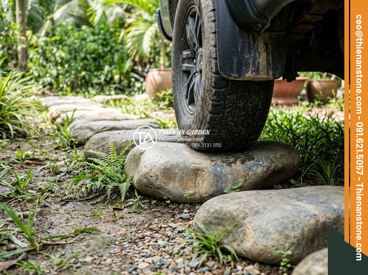 FAQ: Những câu hỏi thường gặp nhất khi chọn mua đá dặm bước - Heavy duty thick natural stepping stones tested under vehicle weight simulation 