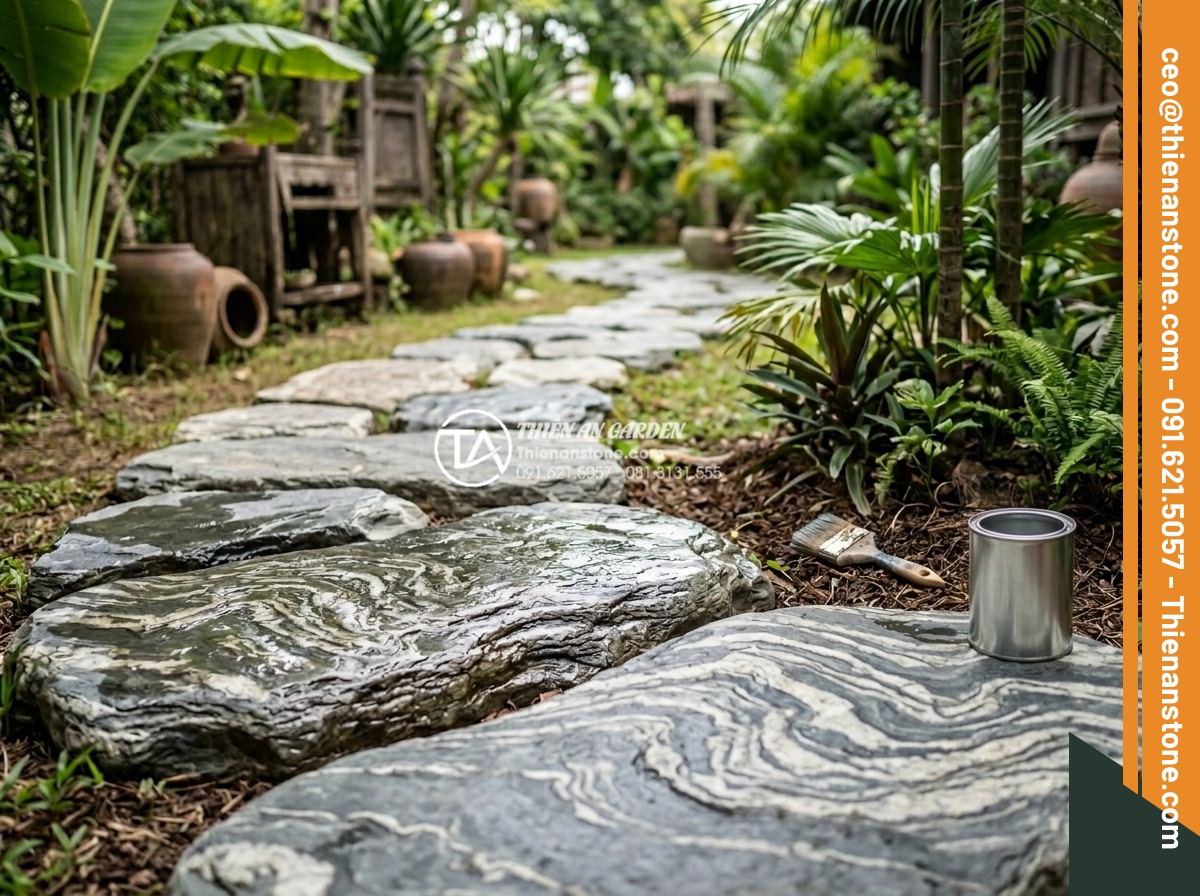 FAQ: Những câu hỏi thường gặp nhất khi chọn mua đá dặm bước - Maintenance process showing cleaning and sealing of natural stepping stones in a