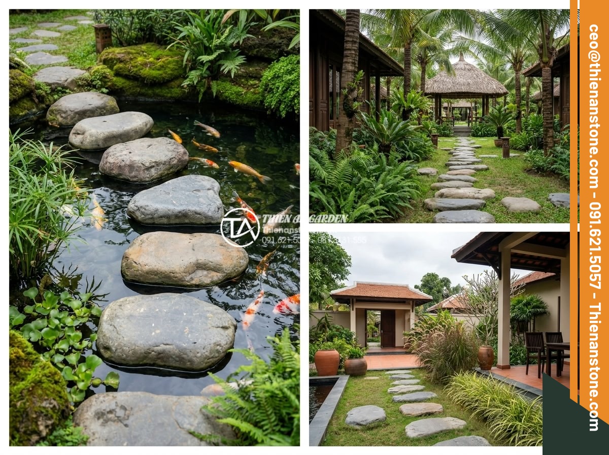 FAQ: Những câu hỏi thường gặp nhất khi chọn mua đá dặm bước - Stepping stones integrated in multiple applications including koi pond, resort p