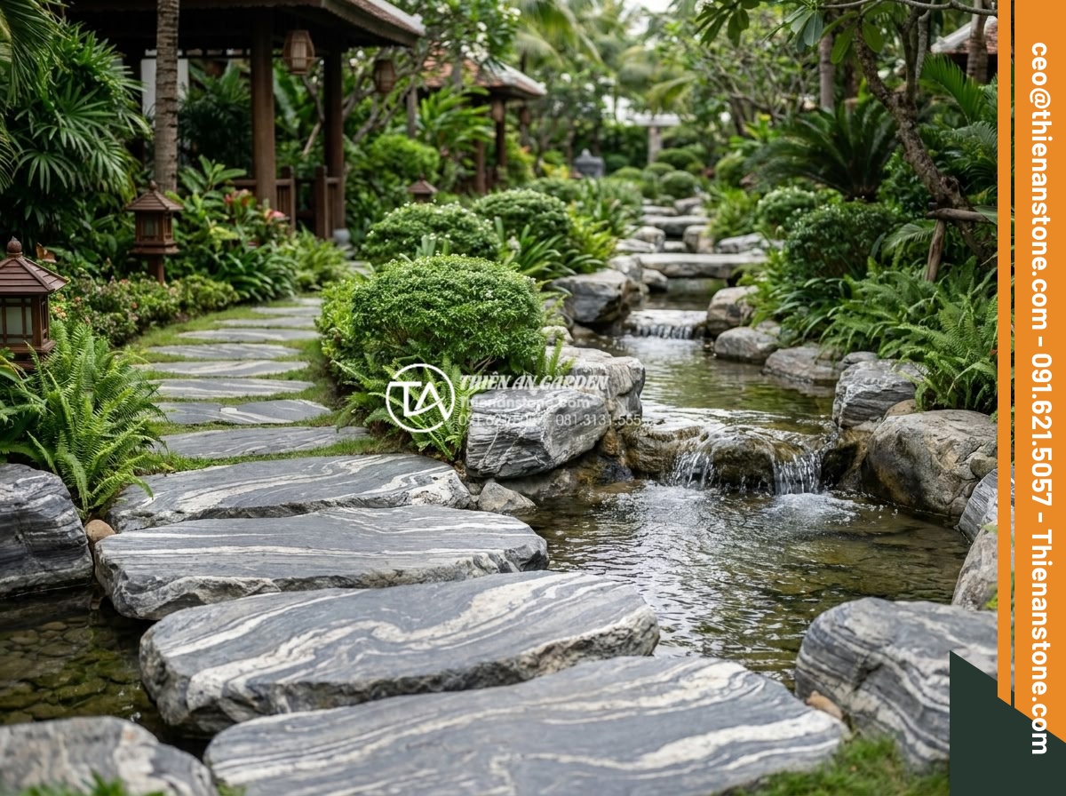 FAQ: Những câu hỏi thường gặp nhất khi chọn mua đá dặm bước - Luxurious resort garden featuring extensive natural stepping stone pathways and 