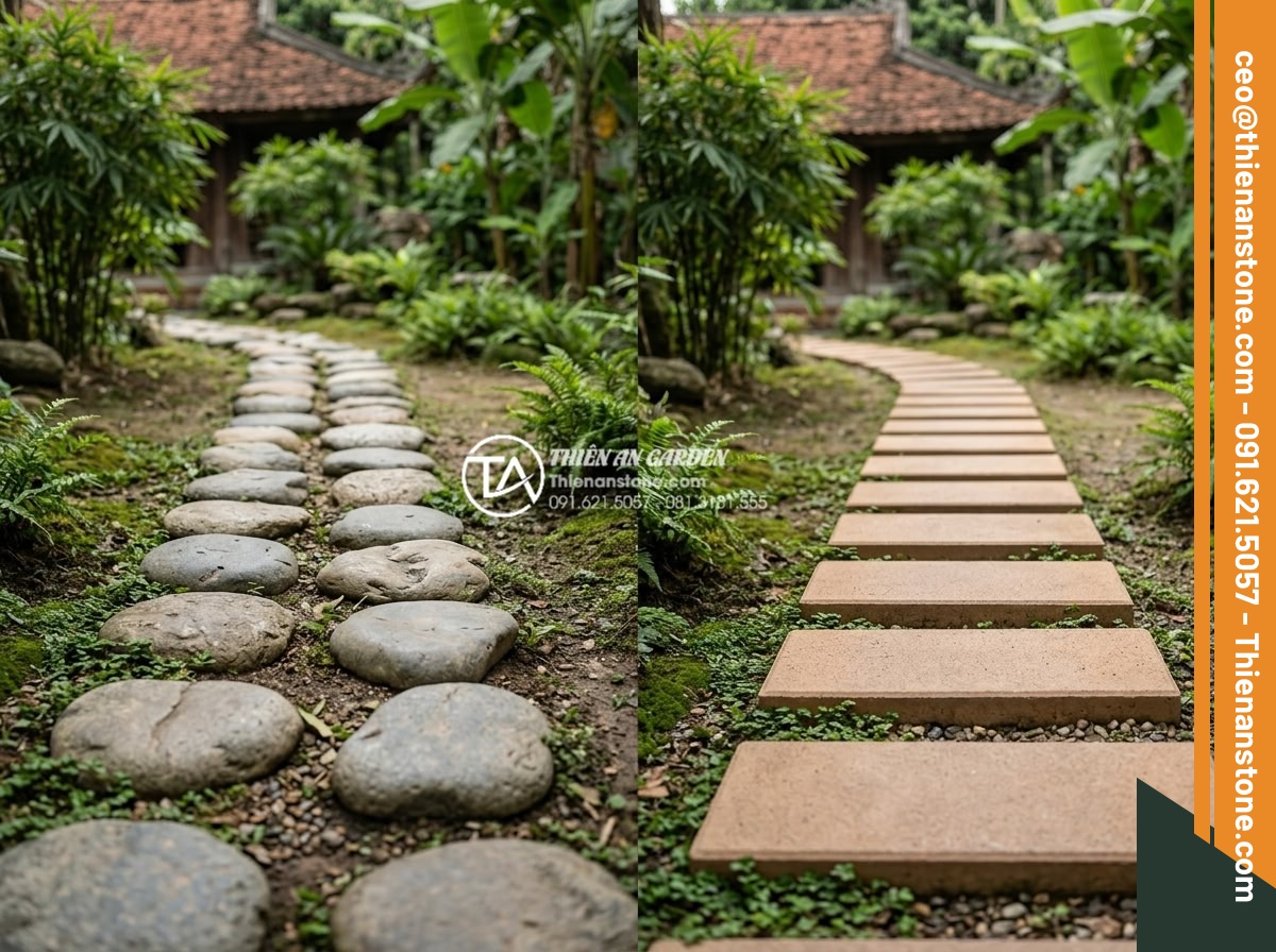 FAQ: Những câu hỏi thường gặp nhất khi chọn mua đá dặm bước - Comparison of natural stepping stones versus artificial pavers in a side-by-side