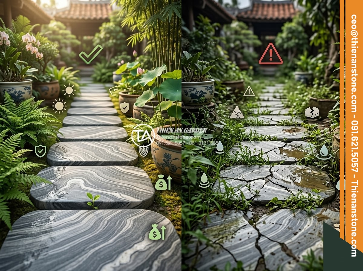 FAQ: Những câu hỏi thường gặp nhất khi chọn mua đá dặm bước - Pros and cons infographic style image of stepping stones highlighting durability