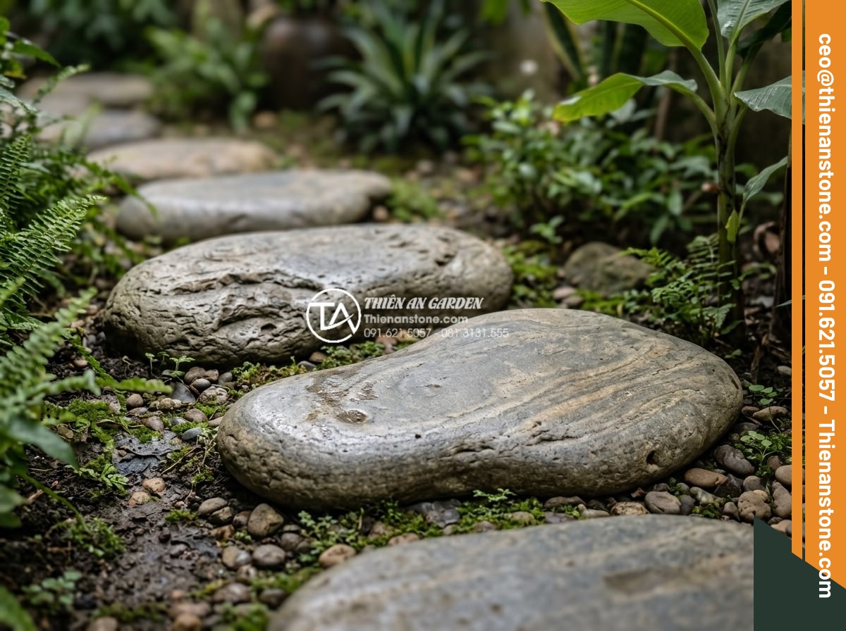 FAQ: Những câu hỏi thường gặp nhất khi chọn mua đá dặm bước - Detailed close-up of different natural stone stepping stones showing grain, colo