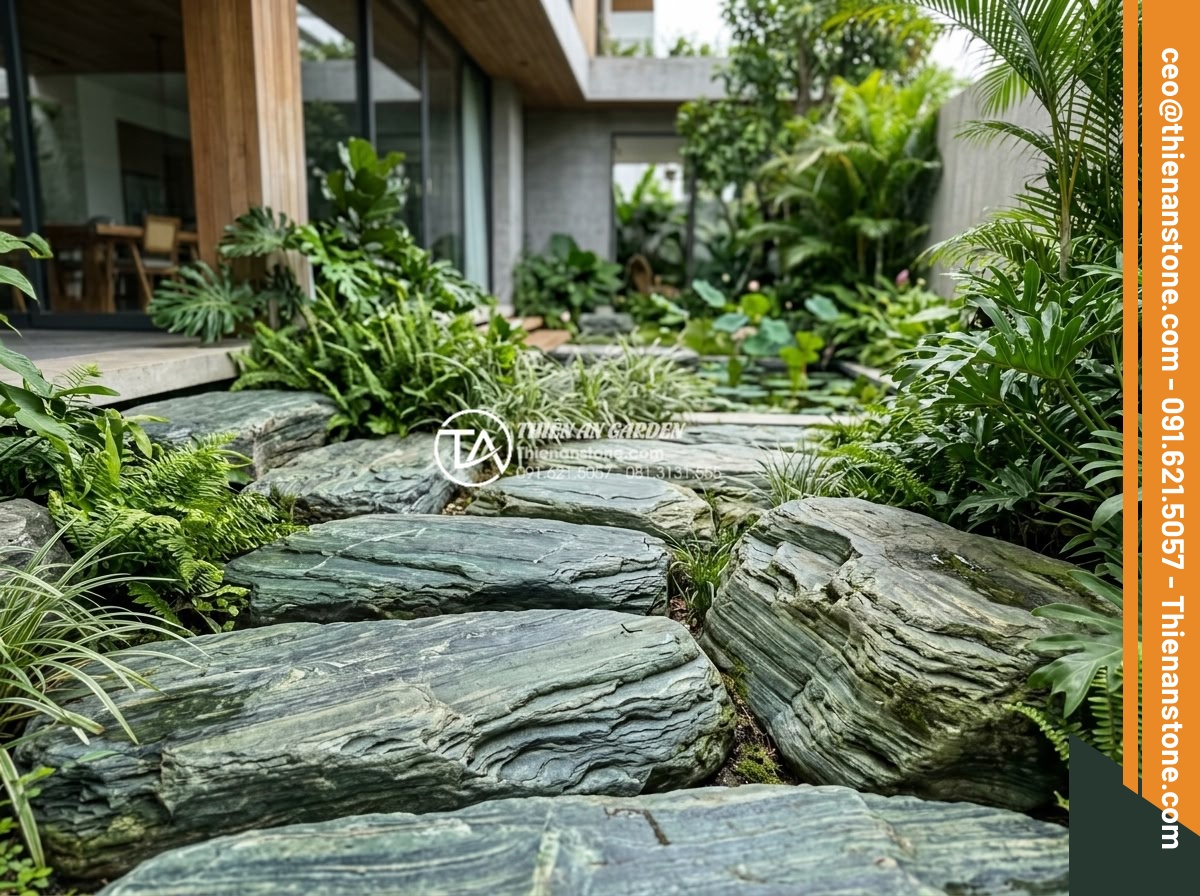 FAQ: Những câu hỏi thường gặp nhất khi chọn mua đá dặm bước - Stepping stones of various sizes and shapes laid out in a spacious modern garden