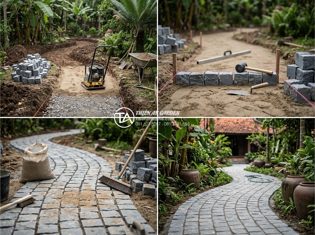 Giá đá cubic phụ thuộc vào yếu tố nào? Bí quyết mua đá chất lượng giá rẻ - Step-by-step construction process photos of laying cubic stones in a garden with