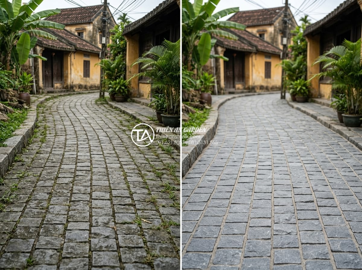 Giá đá cubic phụ thuộc vào yếu tố nào? Bí quyết mua đá chất lượng giá rẻ - Before and after maintenance photos of cubic stone paving showing long-term dura
