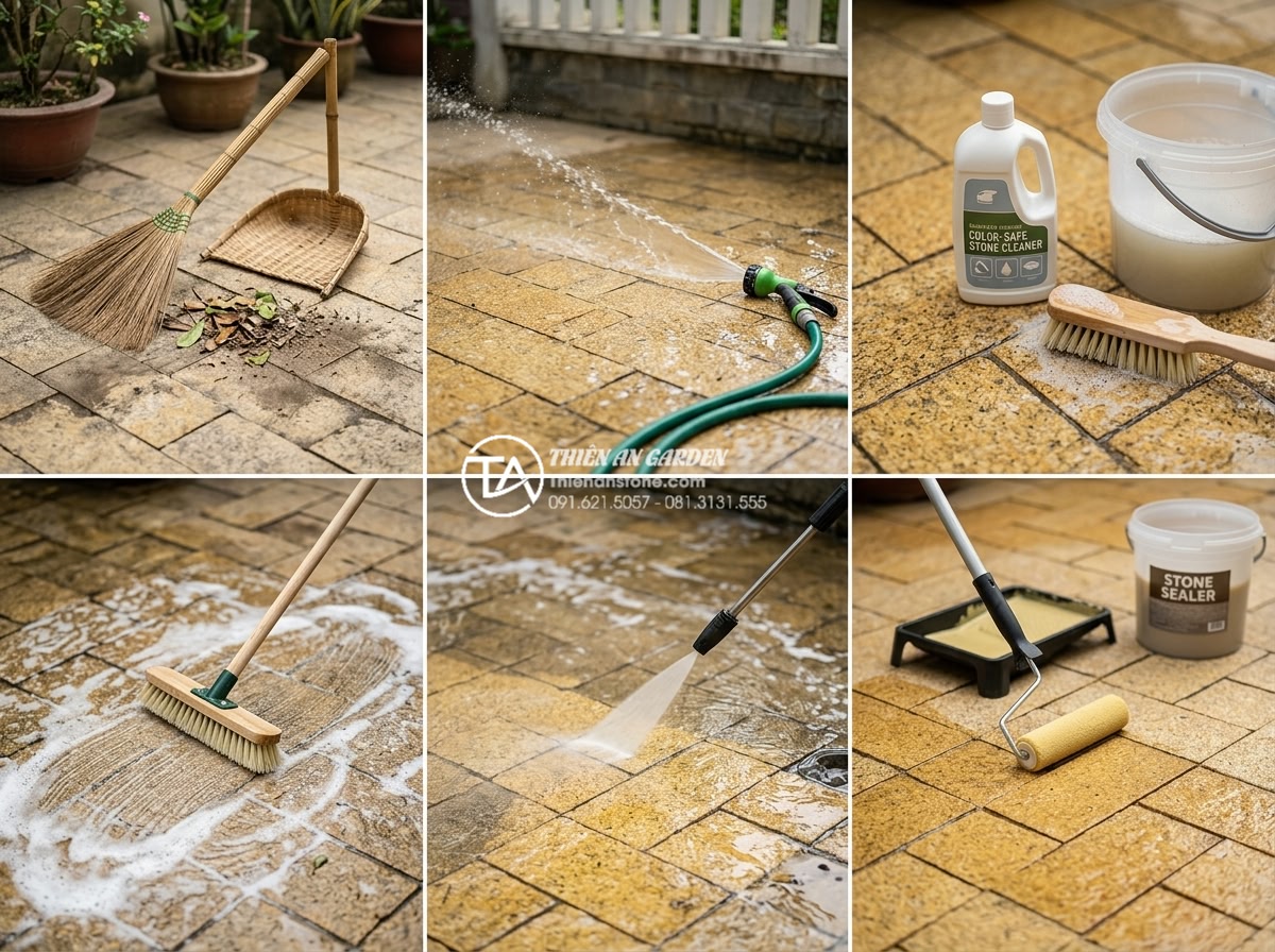 Hỏi đáp: Đá cubic có bị phai màu theo thời gian hay không? - Step-by-step maintenance guide illustration showing cleaning process of natural 