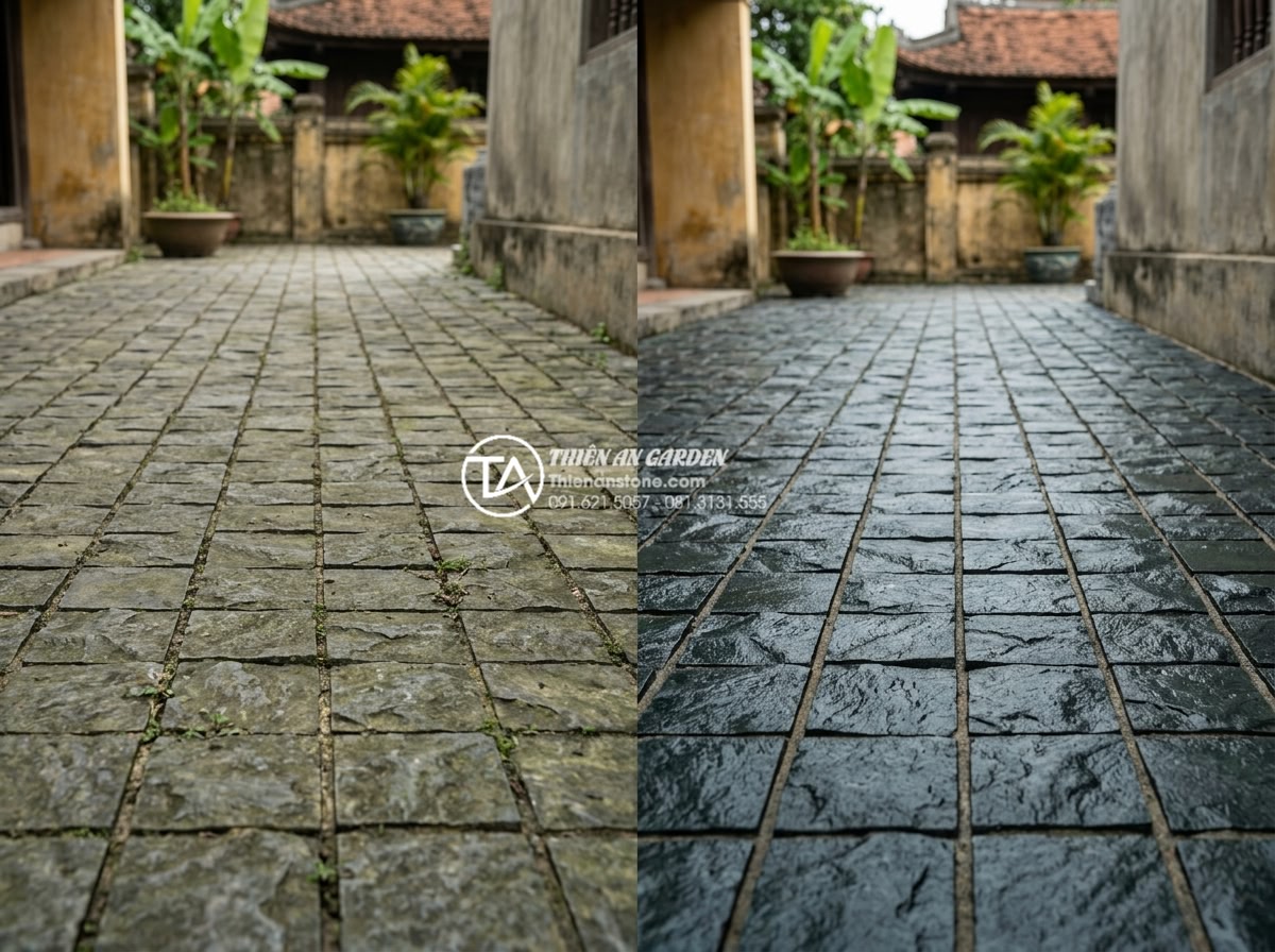 Hỏi đáp: Đá cubic có bị phai màu theo thời gian hay không? - Before and after maintenance photos of cubic stone surfaces demonstrating easy r