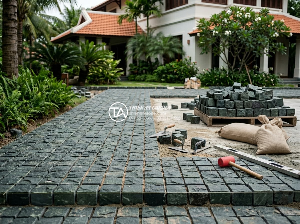 Hỏi đáp: Đá cubic có bị phai màu theo thời gian hay không? - Professional team installing high-quality natural cubic stones in a large villa 