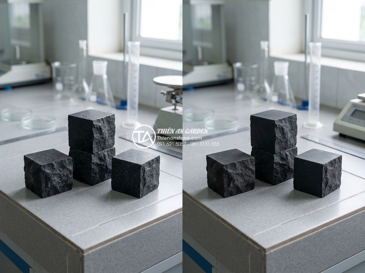 Hỏi đáp: Đá cubic có bị phai màu theo thời gian hay không? - Scientific laboratory style image of natural cubic stone samples before and afte