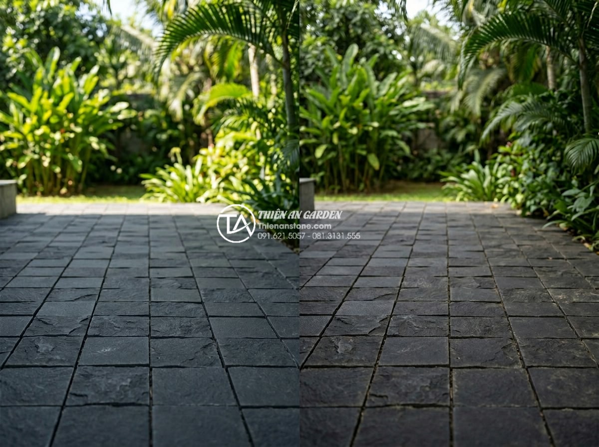 Hỏi đáp: Đá cubic có bị phai màu theo thời gian hay không? - Realistic before-and-after comparison photo of natural cubic stone patio after 7
