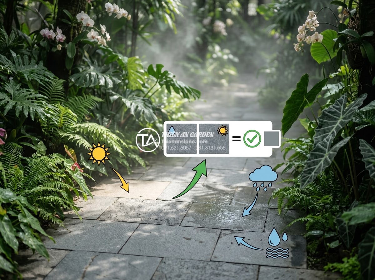 Hỏi đáp: Đá cubic có bị phai màu theo thời gian hay không? - Environmental impact illustration showing natural cubic stone paving exposed to 