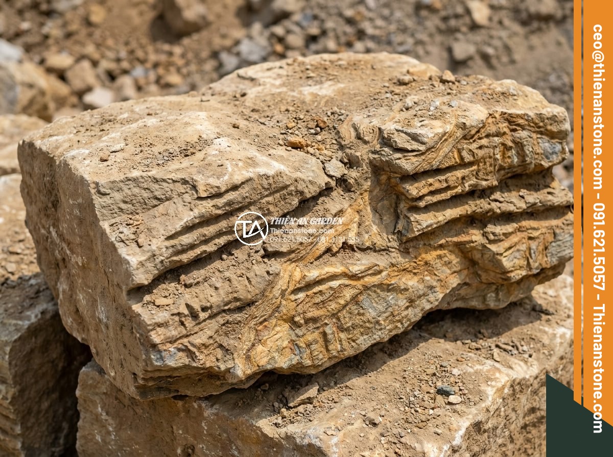 Hướng dẫn vệ sinh đá cổ thạch sau thi công để nổi rõ đường vân - High-resolution close-up photograph of natural ancient stone (da co thach) block