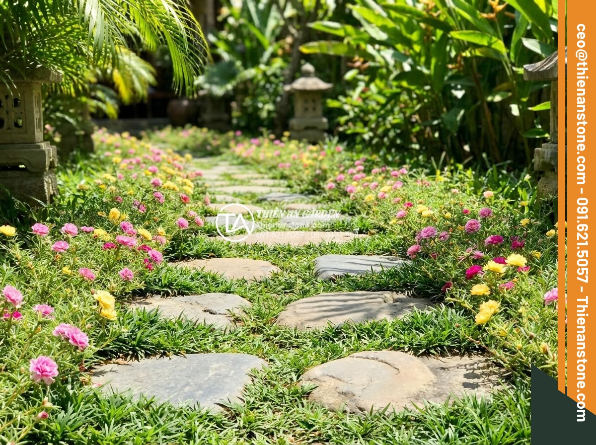 Kết hợp đá dặm bước với cây cỏ lan chi và hoa mười giờ - A serene garden pathway featuring flat natural stepping stones surrounded by lus