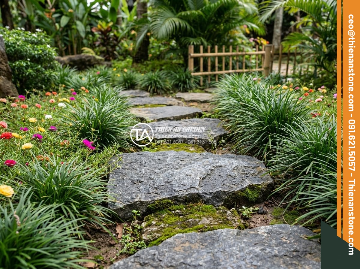 Kết hợp đá dặm bước với cây cỏ lan chi và hoa mười giờ - Selection of premium granite stepping stones with textured surfaces ideal for pl