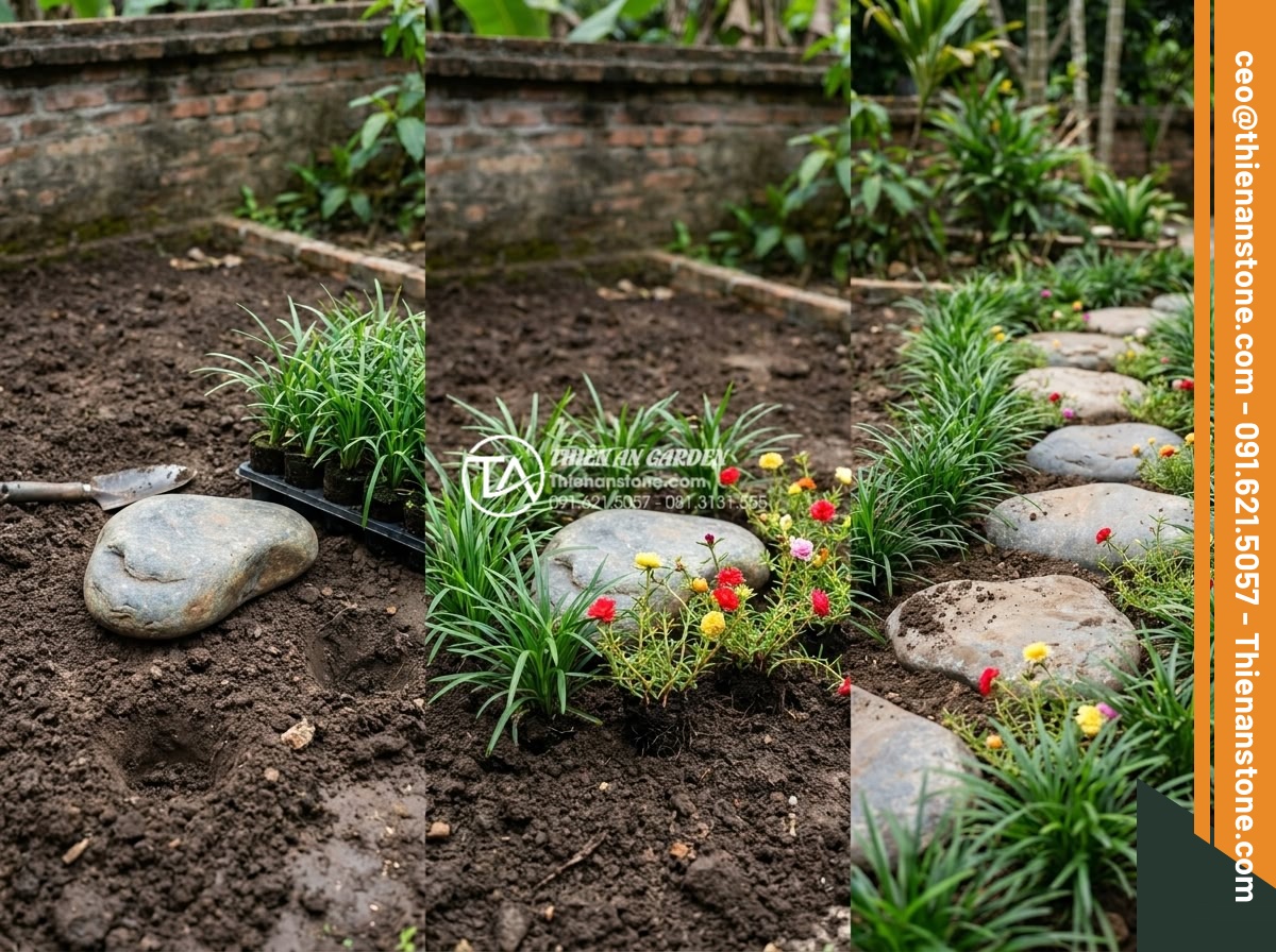 Kết hợp đá dặm bước với cây cỏ lan chi và hoa mười giờ - Step-by-step planting technique showing lily turf and portulaca being installed 