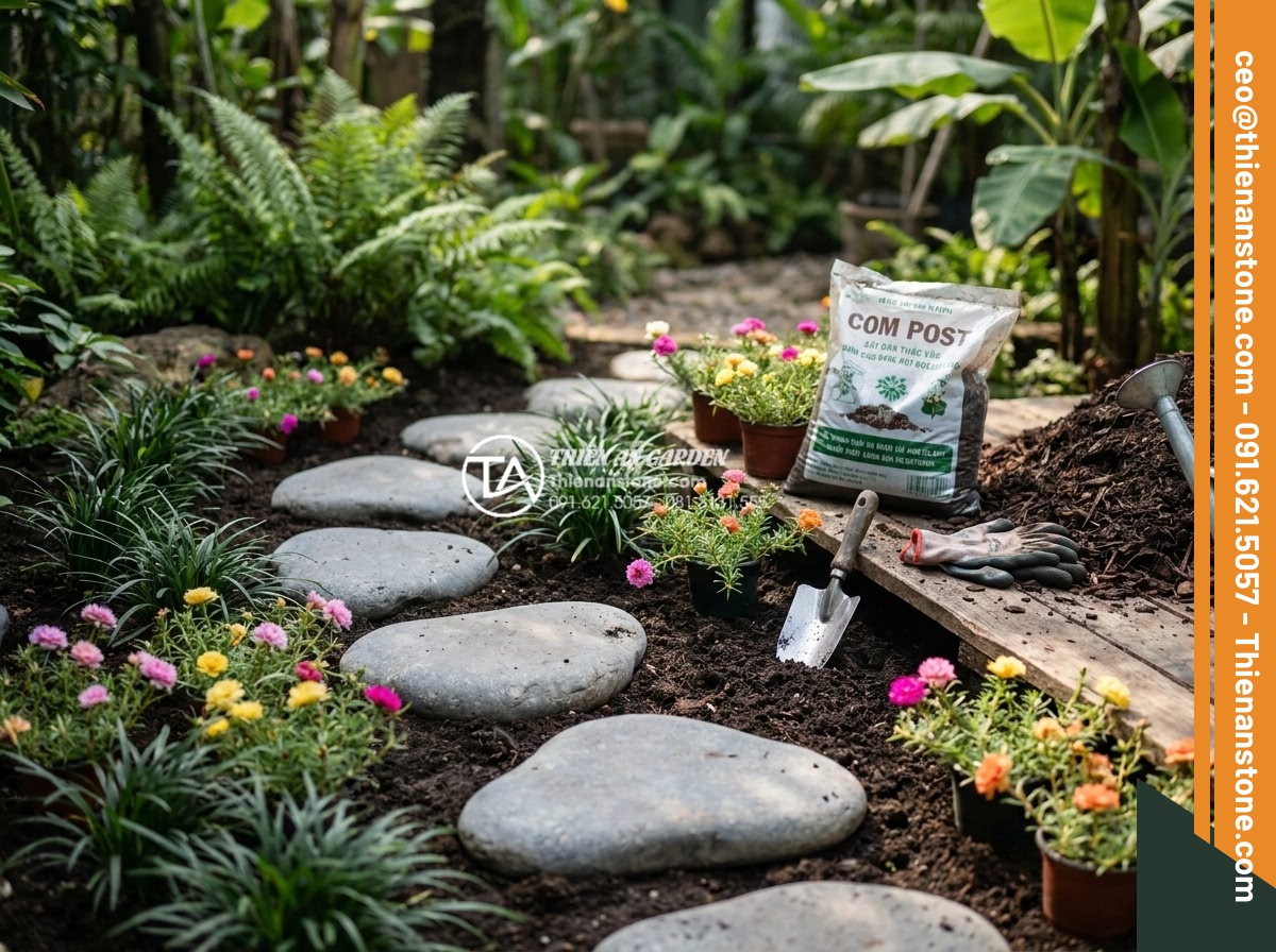 Kết hợp đá dặm bước với cây cỏ lan chi và hoa mười giờ - Professional installation of plants around stepping stones with tools and materi
