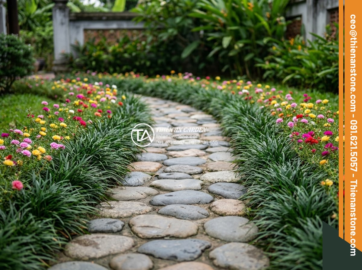 Kết hợp đá dặm bước với cây cỏ lan chi và hoa mười giờ - Modern garden design with curved stepping stone path lined by dense lily turf an