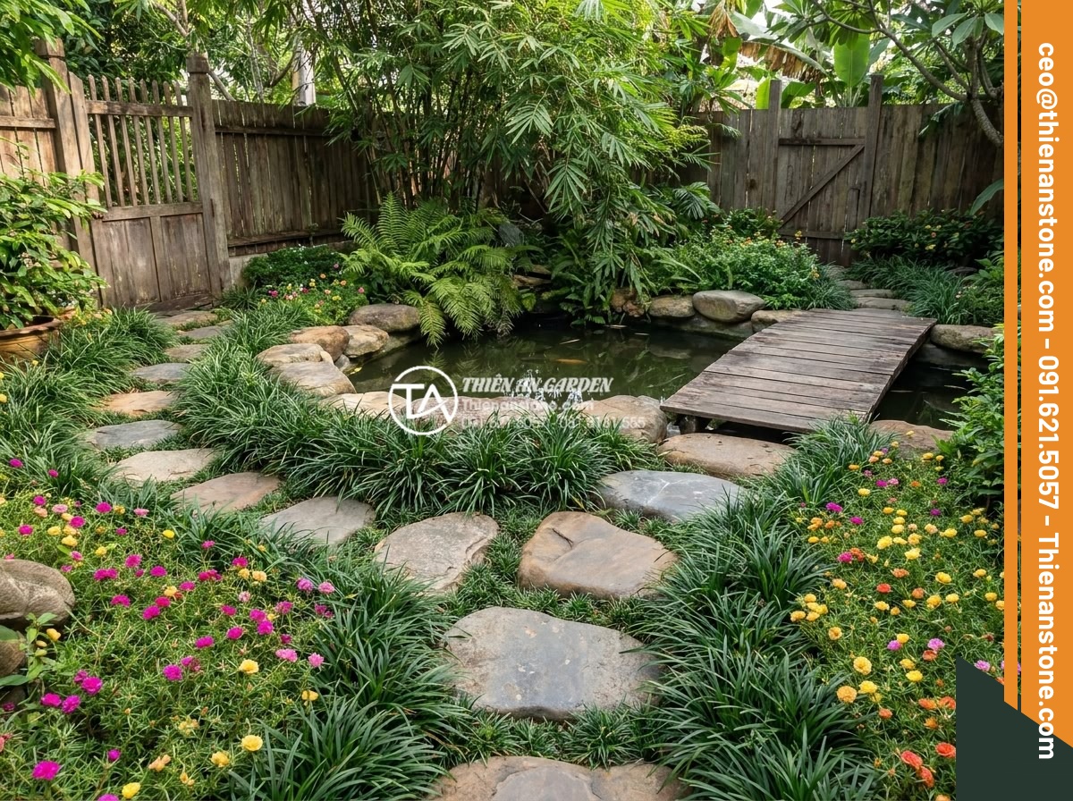 Kết hợp đá dặm bước với cây cỏ lan chi và hoa mười giờ - Traditional Vietnamese garden with stepping stones integrated with lily turf bor