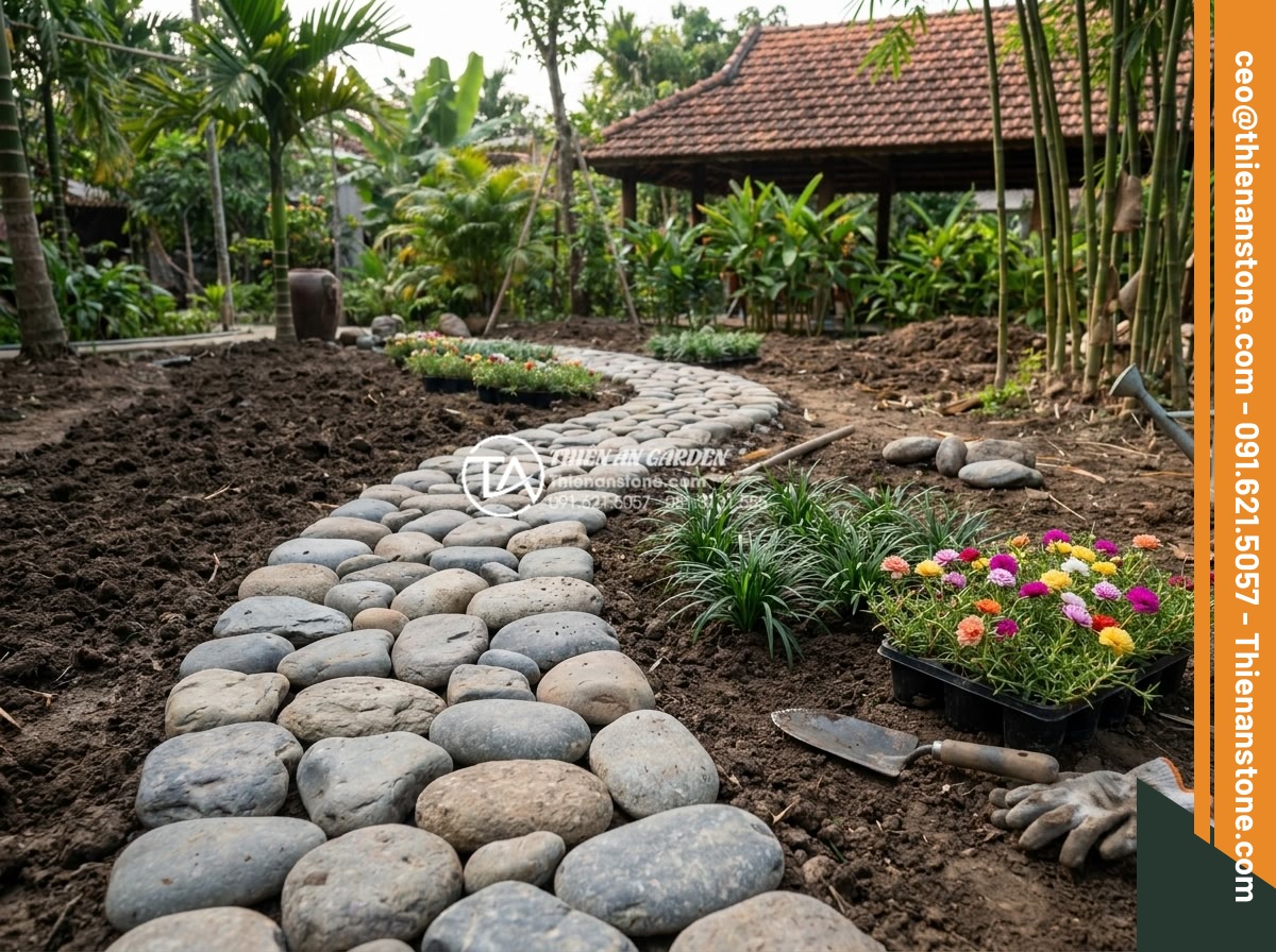 Kết hợp đá dặm bước với cây cỏ lan chi và hoa mười giờ - Construction process of laying stepping stones with plant installation for lily 
