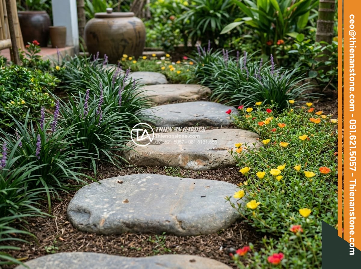 Kết hợp đá dặm bước với cây cỏ lan chi và hoa mười giờ - Completed construction phase showing integrated stepping stones, lily turf, and 