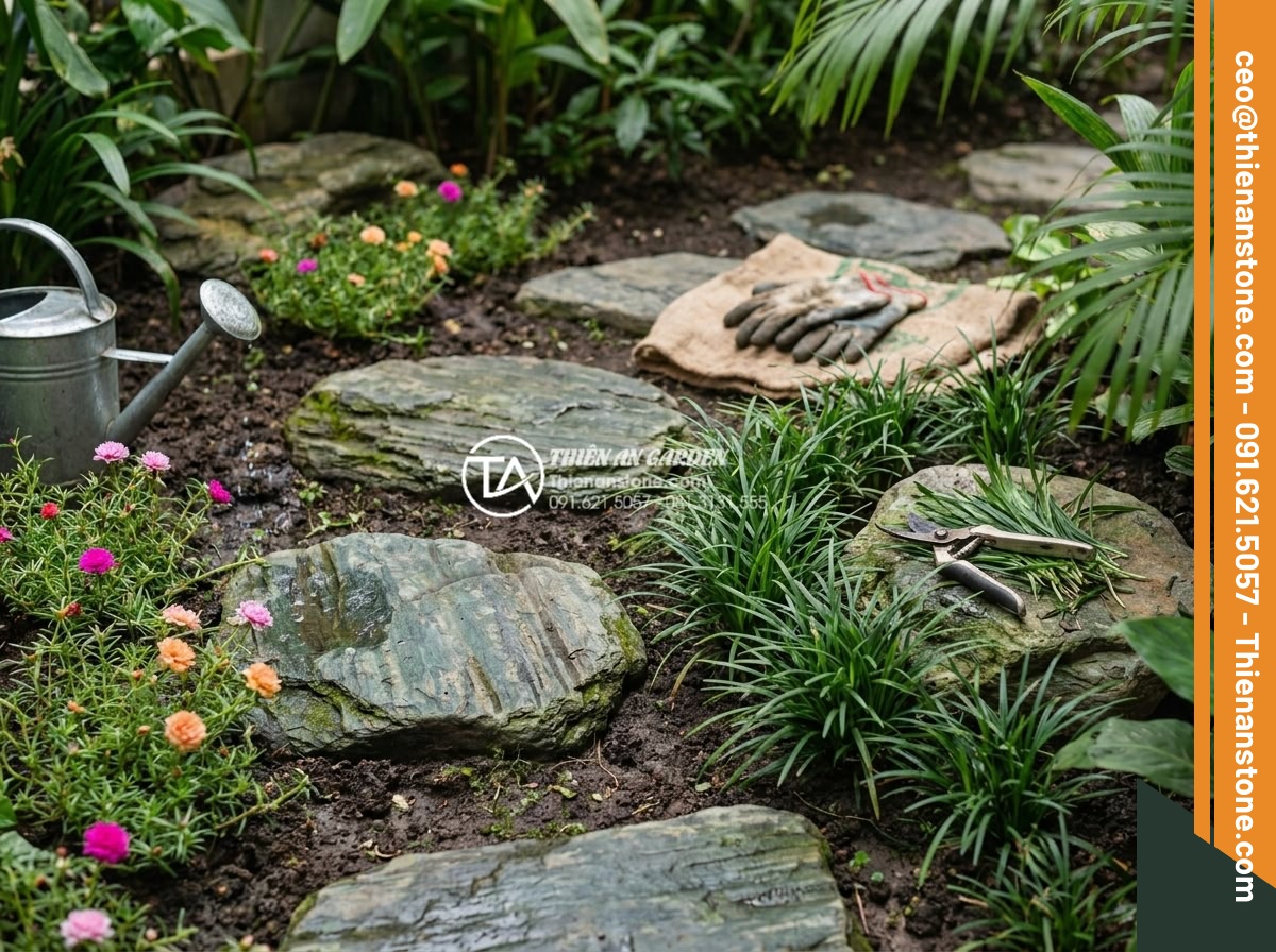 Kết hợp đá dặm bước với cây cỏ lan chi và hoa mười giờ - Maintenance activities including pruning lily turf and watering portulaca around