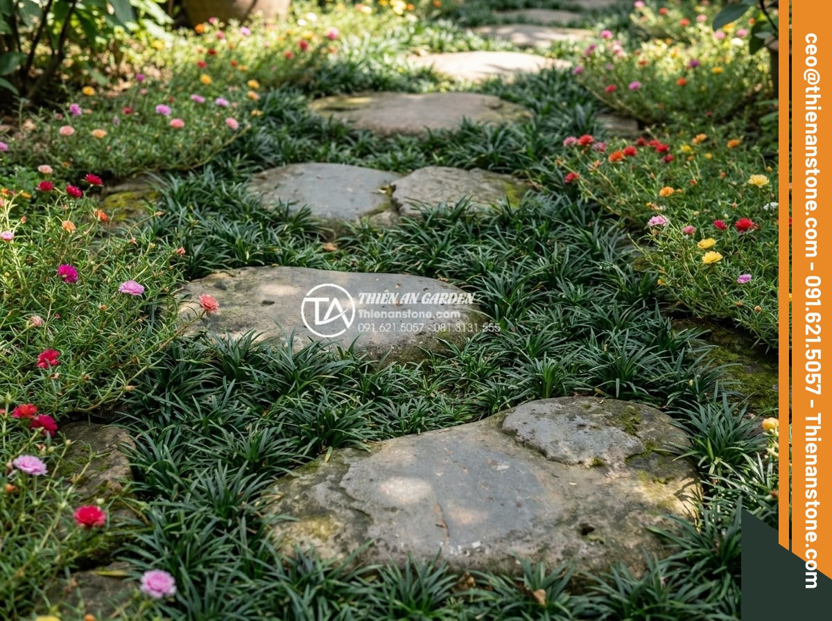 Kết hợp đá dặm bước với cây cỏ lan chi và hoa mười giờ - Long-term maintenance view of healthy lily turf and blooming portulaca surroundi