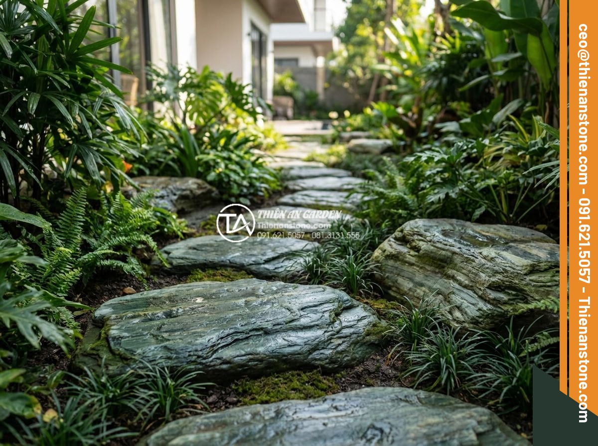 Kết hợp đá dặm bước với cây cỏ lan chi và hoa mười giờ - Professional team from Da Canh Thien An installing natural stepping stones with 