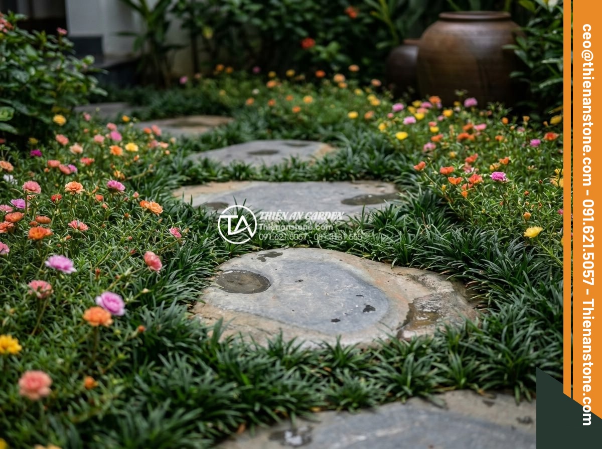 Kết hợp đá dặm bước với cây cỏ lan chi và hoa mười giờ - Close-up view of stepping stones integrated with dense lily turf borders and col