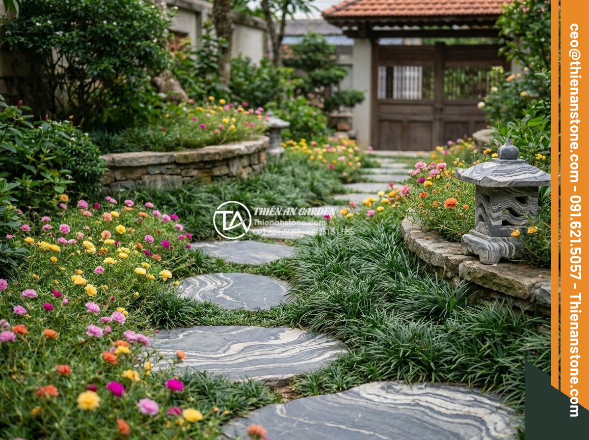 Kết hợp đá dặm bước với cây cỏ lan chi và hoa mười giờ - Beautiful finished garden featuring combined stepping stones, lily turf, and por