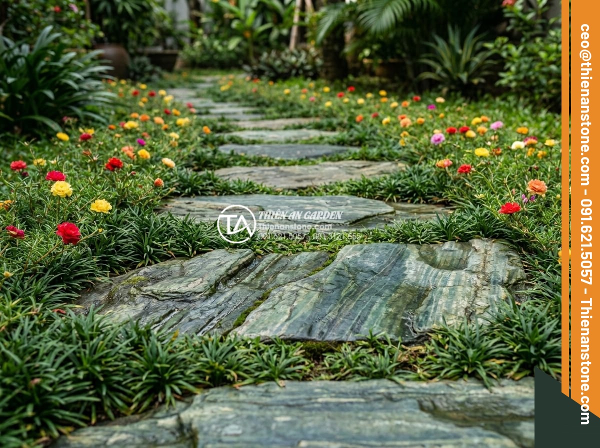 Kết hợp đá dặm bước với cây cỏ lan chi và hoa mười giờ - Natural stepping stones made from granite and basalt arranged in a curved garden