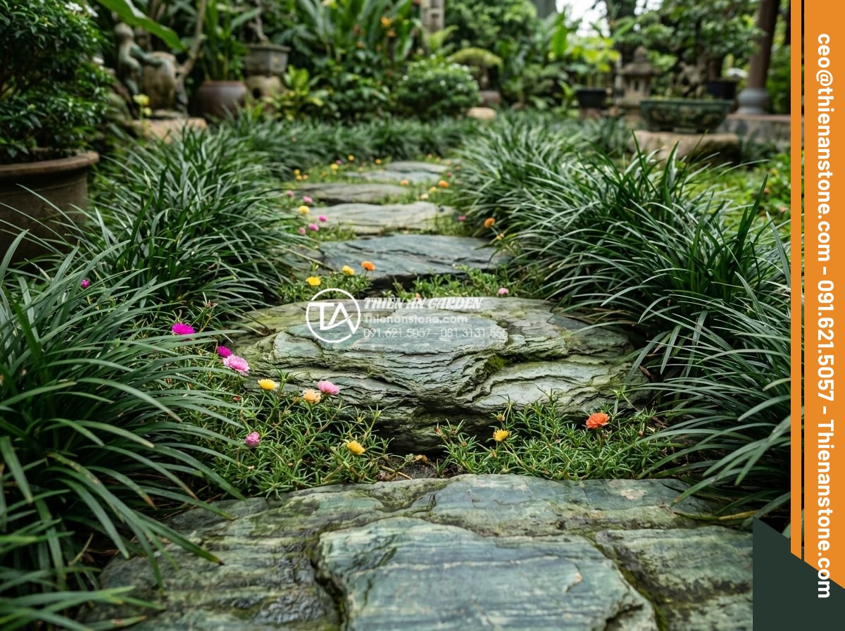Kết hợp đá dặm bước với cây cỏ lan chi và hoa mười giờ - Detailed texture of rough surface natural stepping stones with lily turf grass c