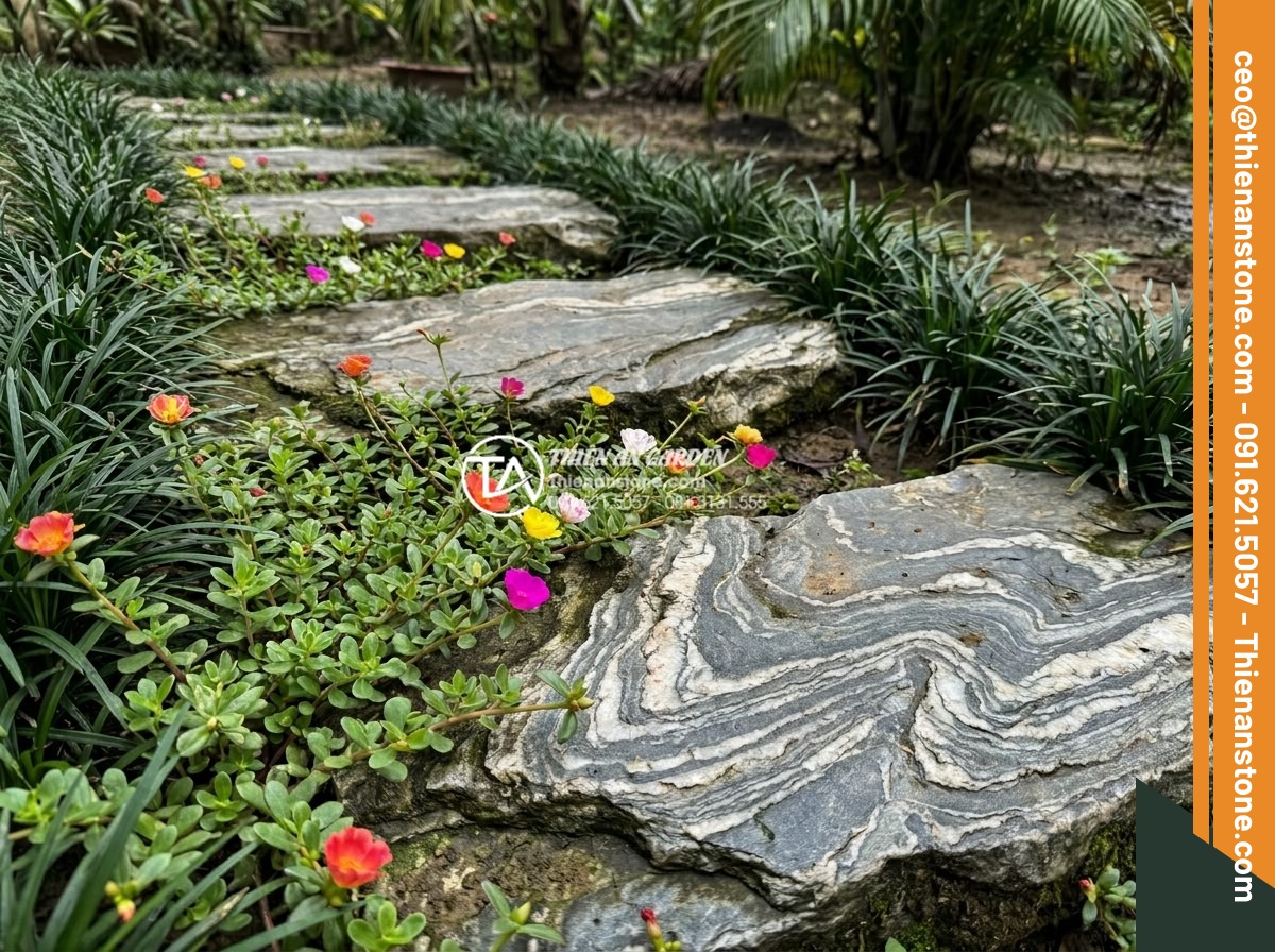 Kết hợp đá dặm bước với cây cỏ lan chi và hoa mười giờ - Close-up of portulaca moss rose flowers with succulent leaves creeping over the 