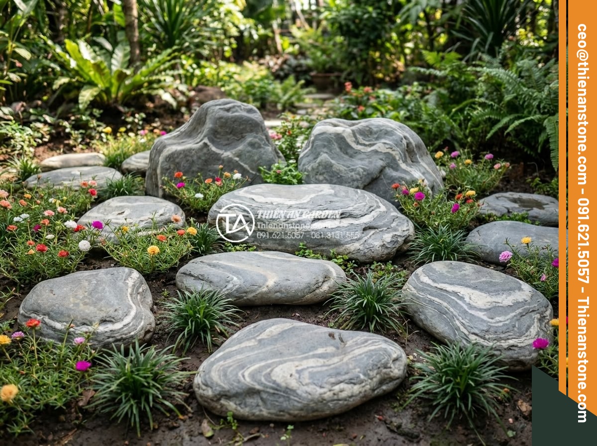 Kết hợp đá dặm bước với cây cỏ lan chi và hoa mười giờ - Various types of natural stepping stones in different sizes and colors arranged 