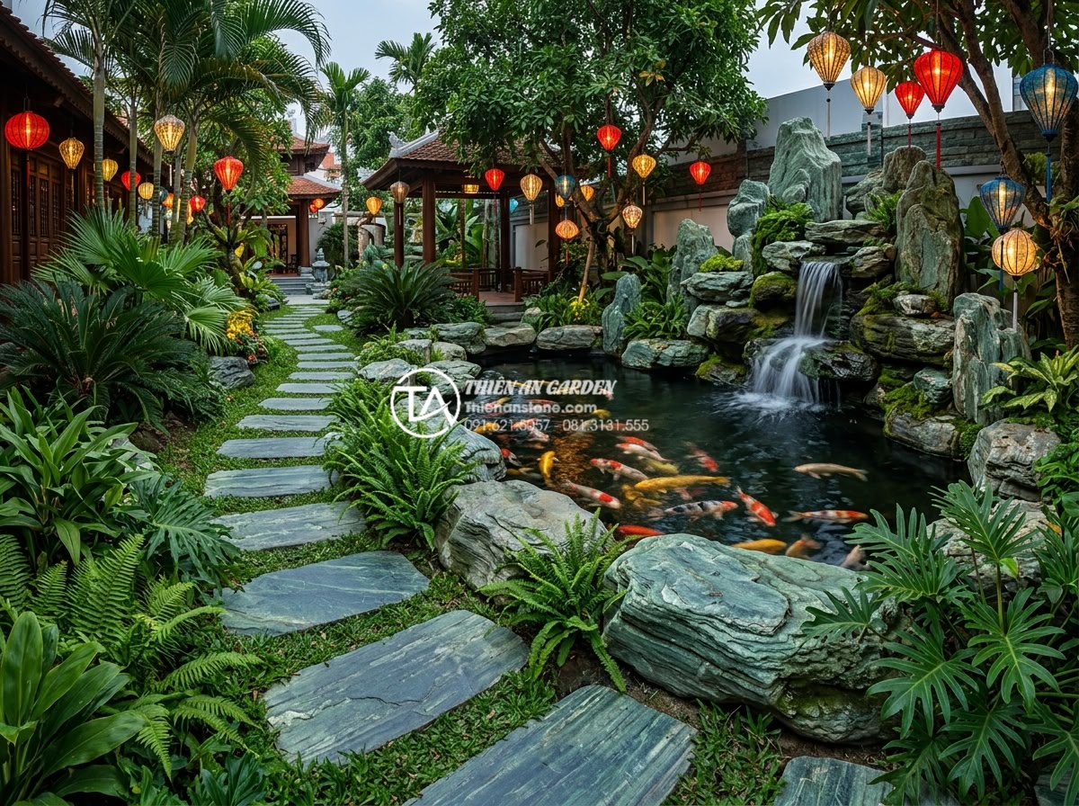 Khoảng cách giữa các viên đá bước dạo bao nhiêu là hợp lý nhất? - Stunning panoramic view of an integrated Vietnamese garden design featuring step