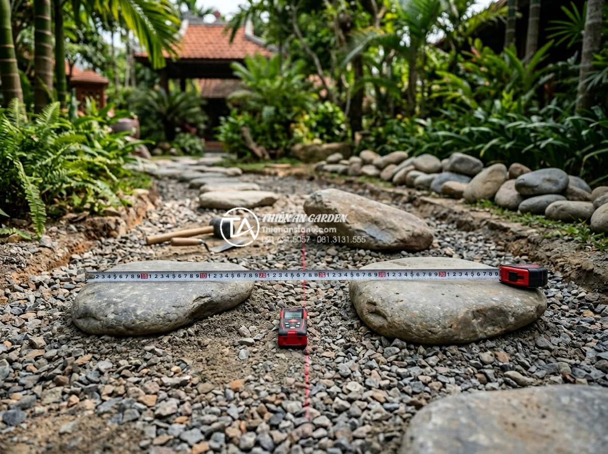 Khoảng cách giữa các viên đá bước dạo bao nhiêu là hợp lý nhất? - Step-by-step construction process photo of installing natural stepping stones in