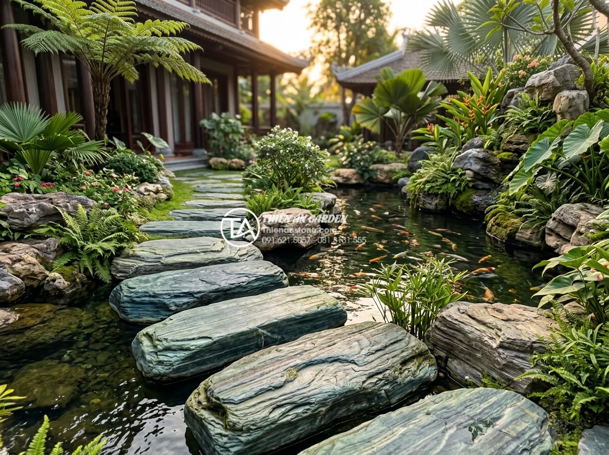Khoảng cách giữa các viên đá bước dạo bao nhiêu là hợp lý nhất? - High-end Vietnamese villa garden with perfectly spaced natural stepping stones a