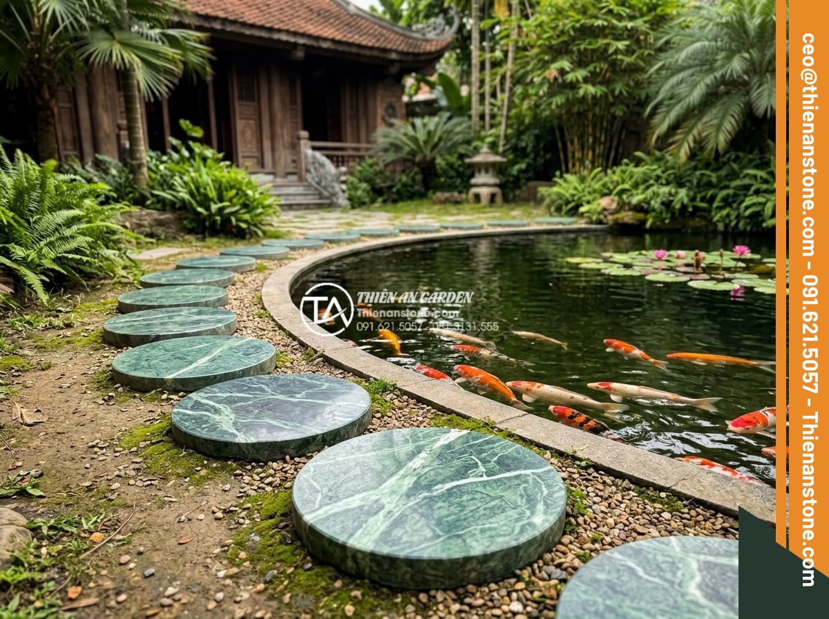 Kích thước đá bước dạo chuẩn: Cách chọn độ dày và đường kính phù hợp - Stepping stones with perfect diameter placed around a Koi pond in a traditional 