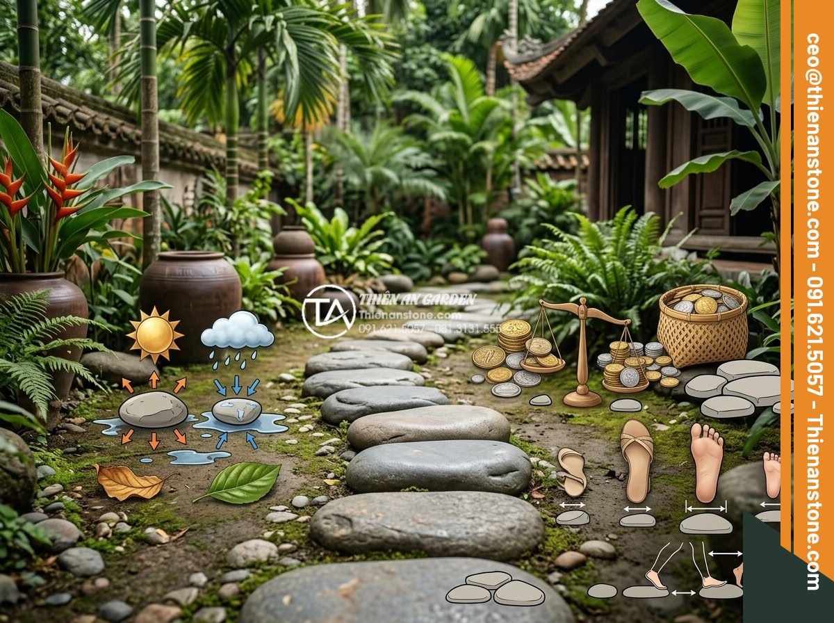Kích thước đá bước dạo chuẩn: Cách chọn độ dày và đường kính phù hợp - Infographic showing multiple factors affecting stepping stone dimensions like cl