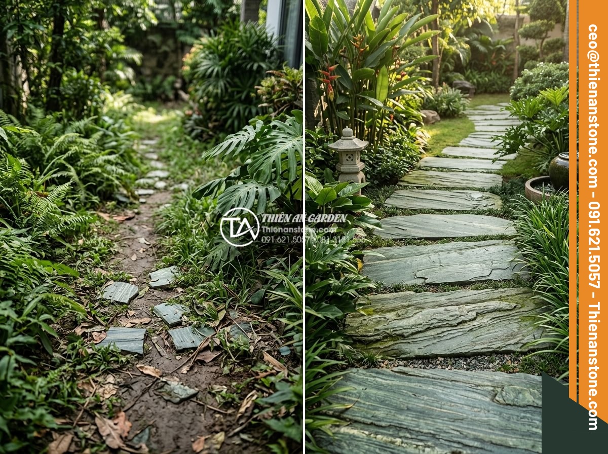Kích thước đá bước dạo chuẩn: Cách chọn độ dày và đường kính phù hợp - Before and after images highlighting benefits of correctly sized stepping stones