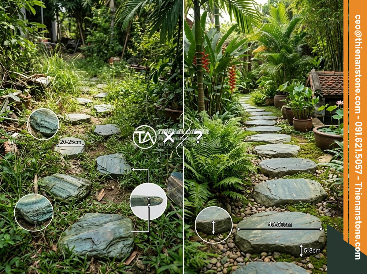 Kích thước đá bước dạo chuẩn: Cách chọn độ dày và đường kính phù hợp - Comparison chart illustration of incorrect vs correct stepping stone sizes in a 