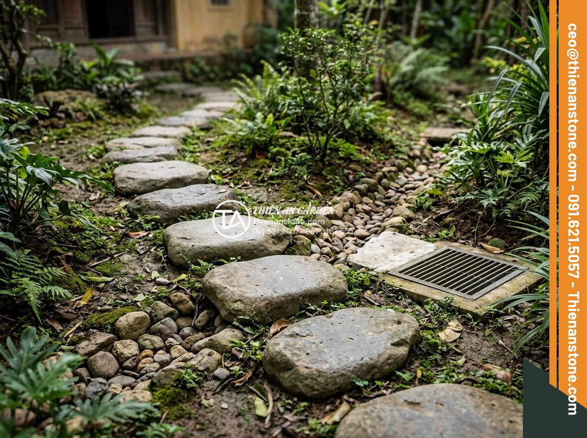 Kích thước đá bước dạo chuẩn: Cách chọn độ dày và đường kính phù hợp - Real-world example of properly thick stepping stones installed on uneven garden 