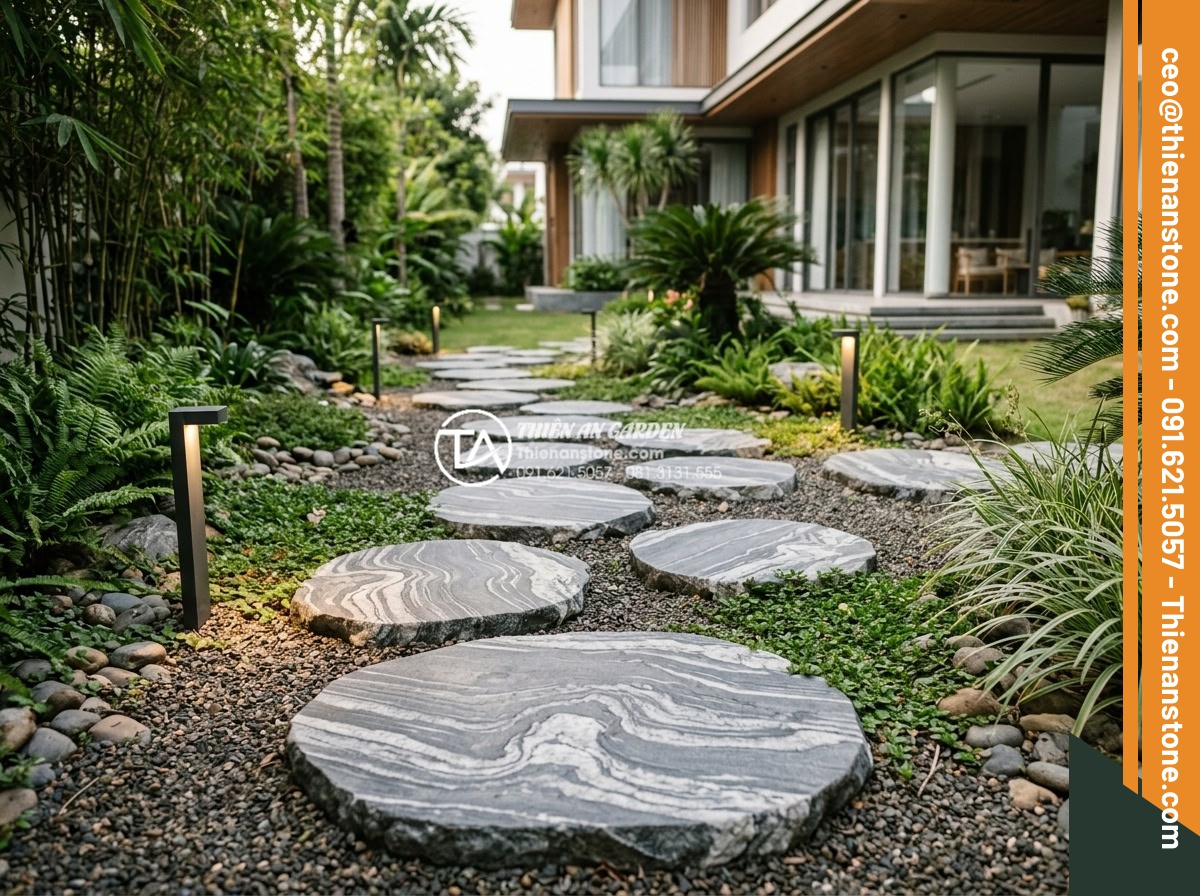 Kích thước đá bước dạo chuẩn: Cách chọn độ dày và đường kính phù hợp - Garden path with ideal diameter stepping stones in a spacious villa backyard fea