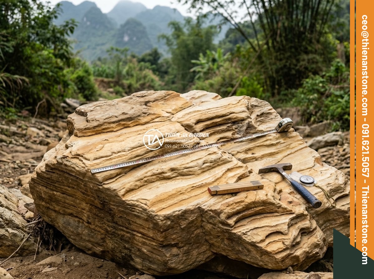 Kinh nghiệm săn đá cổ thạch vân mây tại các bãi đá lớn nhất Nghệ An - Hình 12 Kinh nghiệm săn đá cổ thạch vân mây tại các bãi đá lớn nhất Nghệ An - Professional stone hunter examining large ancient patterned rock at Nghe An site