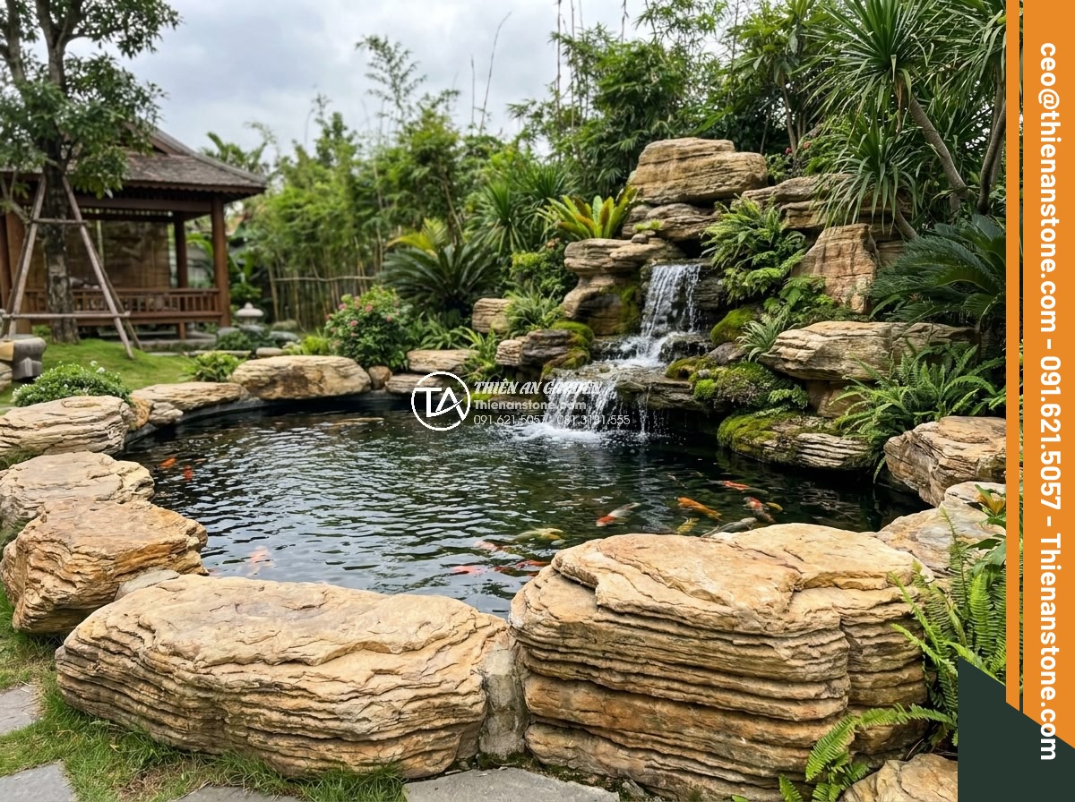 Kinh nghiệm săn đá cổ thạch vân mây tại các bãi đá lớn nhất Nghệ An - Hình 15 Kinh nghiệm săn đá cổ thạch vân mây tại các bãi đá lớn nhất Nghệ An - Beautiful garden design using Nghe An cloud veined ancient stones for Koi pond a