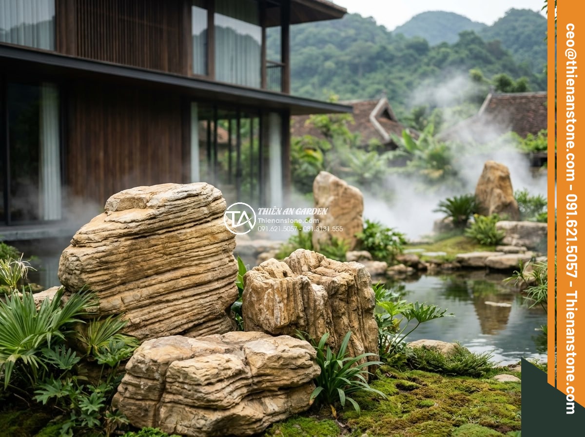 Kinh nghiệm săn đá cổ thạch vân mây tại các bãi đá lớn nhất Nghệ An - Hình 16 Kinh nghiệm săn đá cổ thạch vân mây tại các bãi đá lớn nhất Nghệ An - Modern villa garden with large ancient stone installations and cloud patterns in